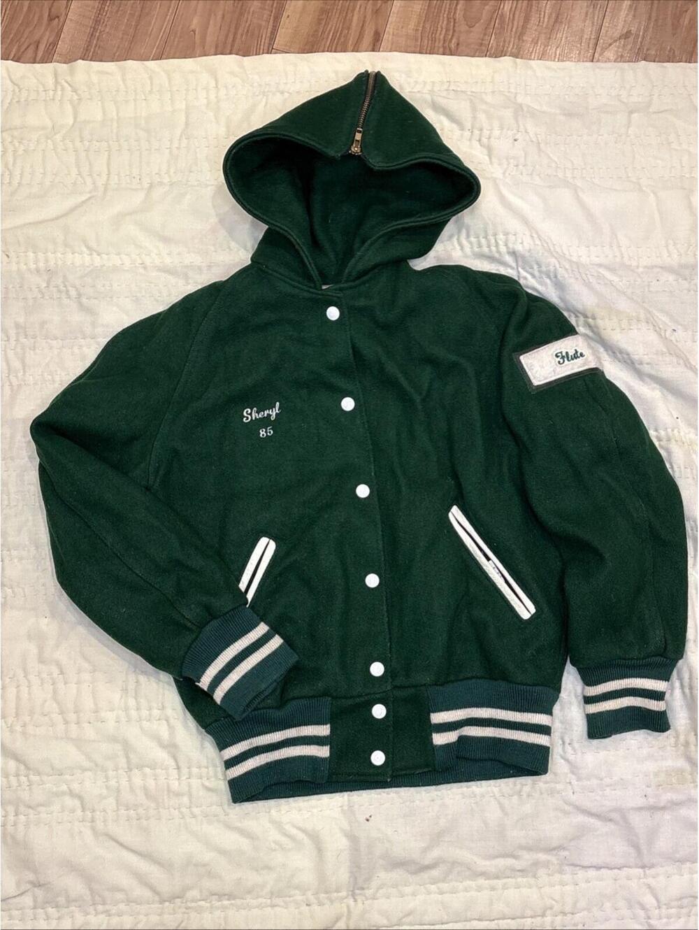Vintage 1980s Holloway Green Wool Varsity Letterman Jacket -